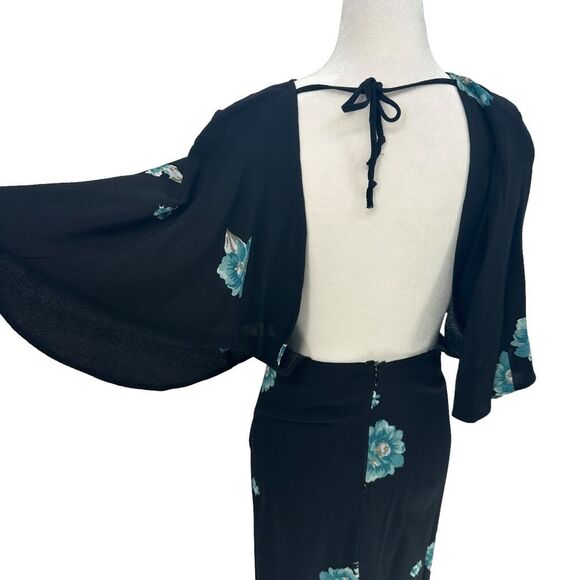 Reformation Escala Aquarelle Floral‎ Black Cape Sleeve Open Back Dress Size 6 - Picture 6 of 11